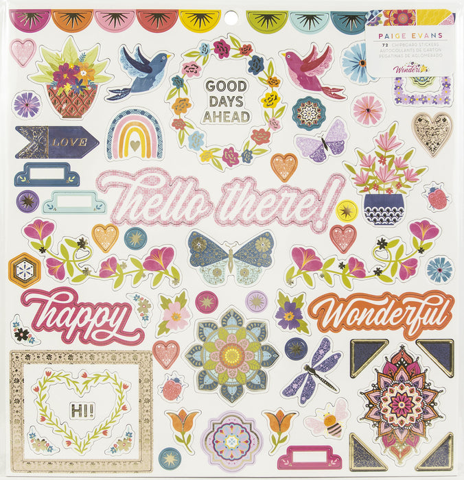 Paige Evans Wonders Chipboard Stickers 12"X12"-Icons & Phrase