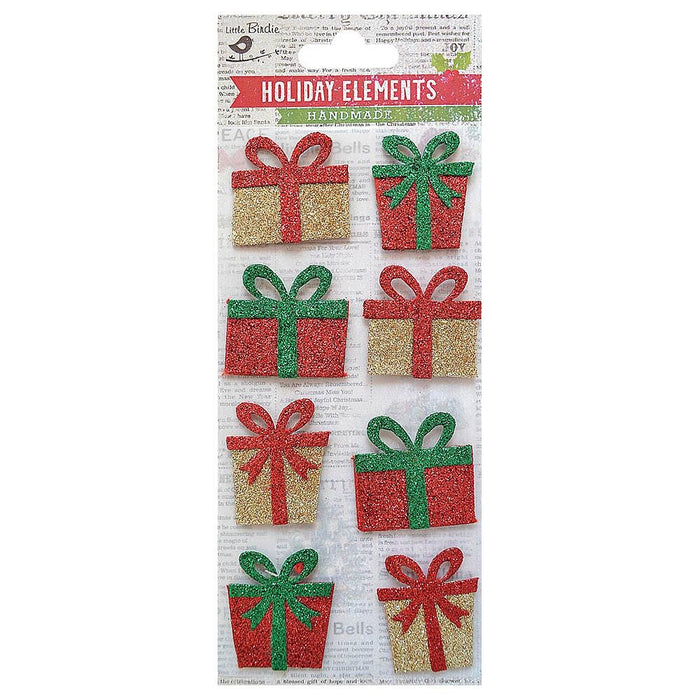 Little Birdie Christmas 3D Embellishment 8/Pkg-Mini Glitter Presents