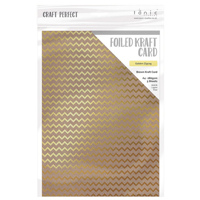 Craft Perfect Foiled Kraft Card A4 5/Pkg-Golden Zig Zag