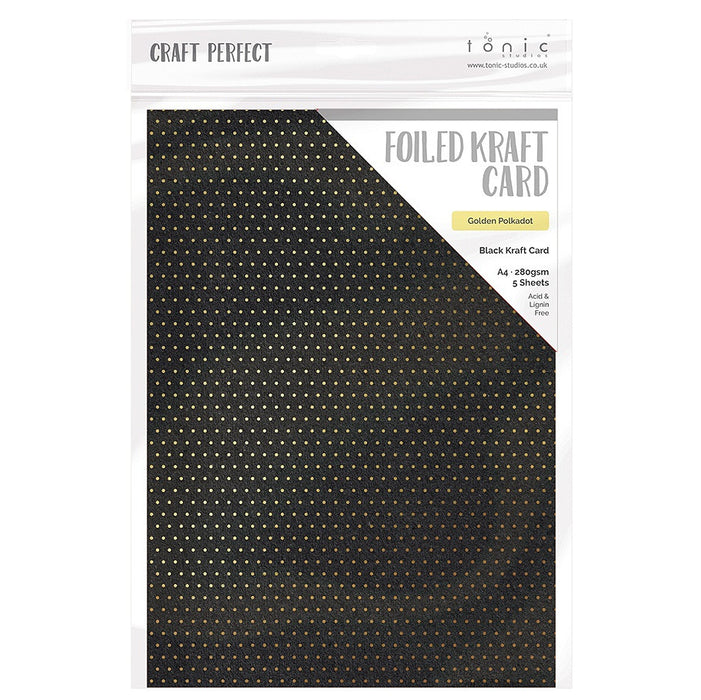 Craft Perfect Foiled Kraft Card A4 5/Pkg-Golden Polka Dot